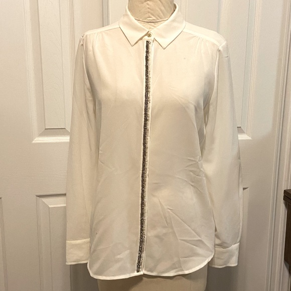 Liz Claiborne White Button Down Shirt with Beaded Accents, Size Medium - Picture 1 of 8